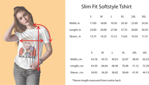 Slim Fit T-shirt Size Guide Picture of a Woman in a Tee with sizing information
