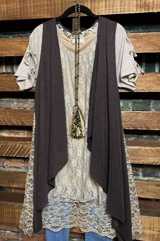 SIZE SMALL - 3X) Dancing In The Moonlight Lace Vest In Brown Mocha-----SALE