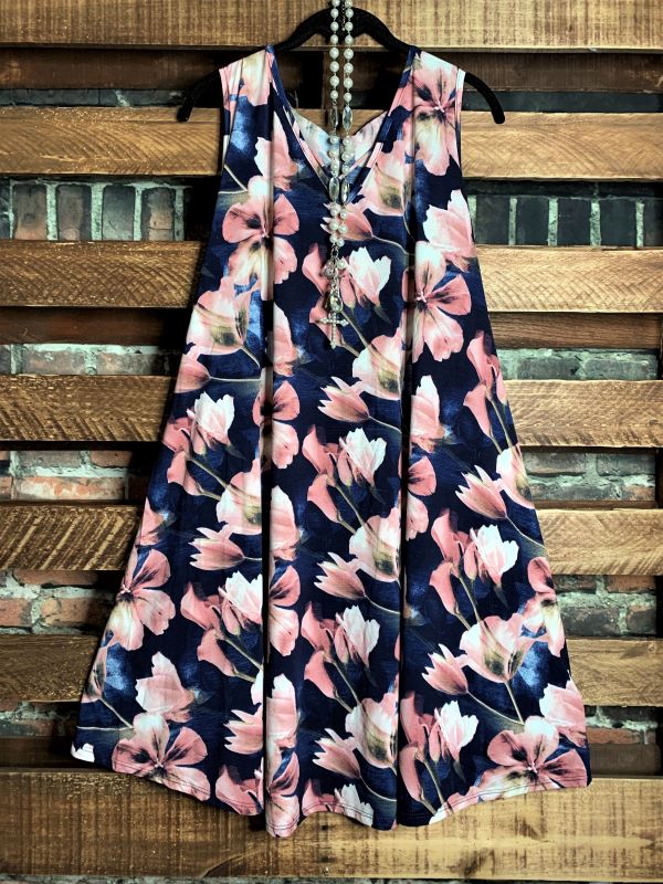 navy and blush floral dress