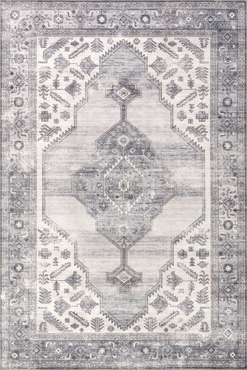 Native Iris Medallion Spill Proof Washable Rug | Grey