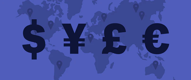 Graphic of a world map in blue with currency symbols for dollar, yen, and euro overlaid, indicating global finance.