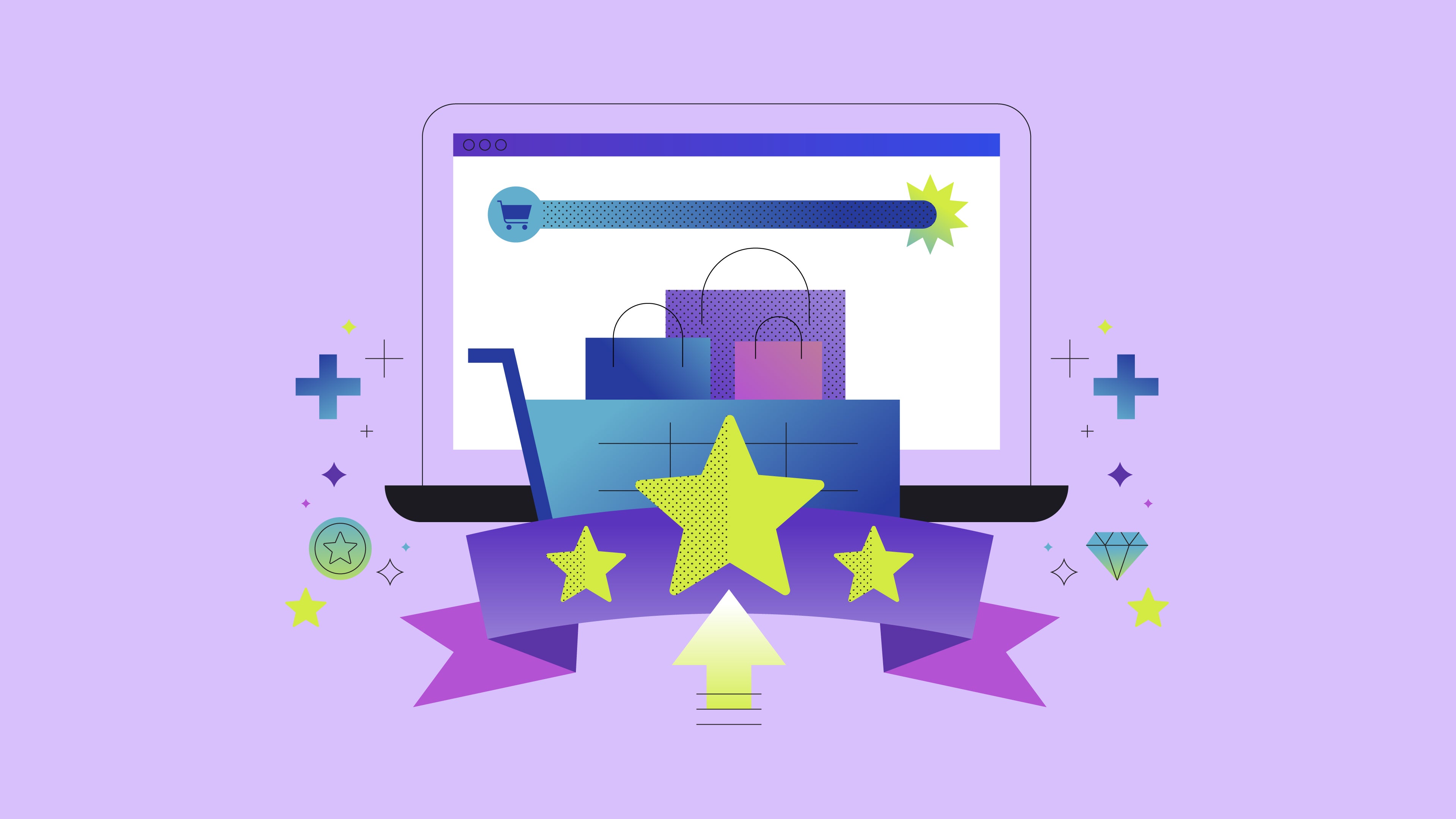image of a laptop with a checkout cart in front of it with a podium showing the winner in bigcommerce alternatives