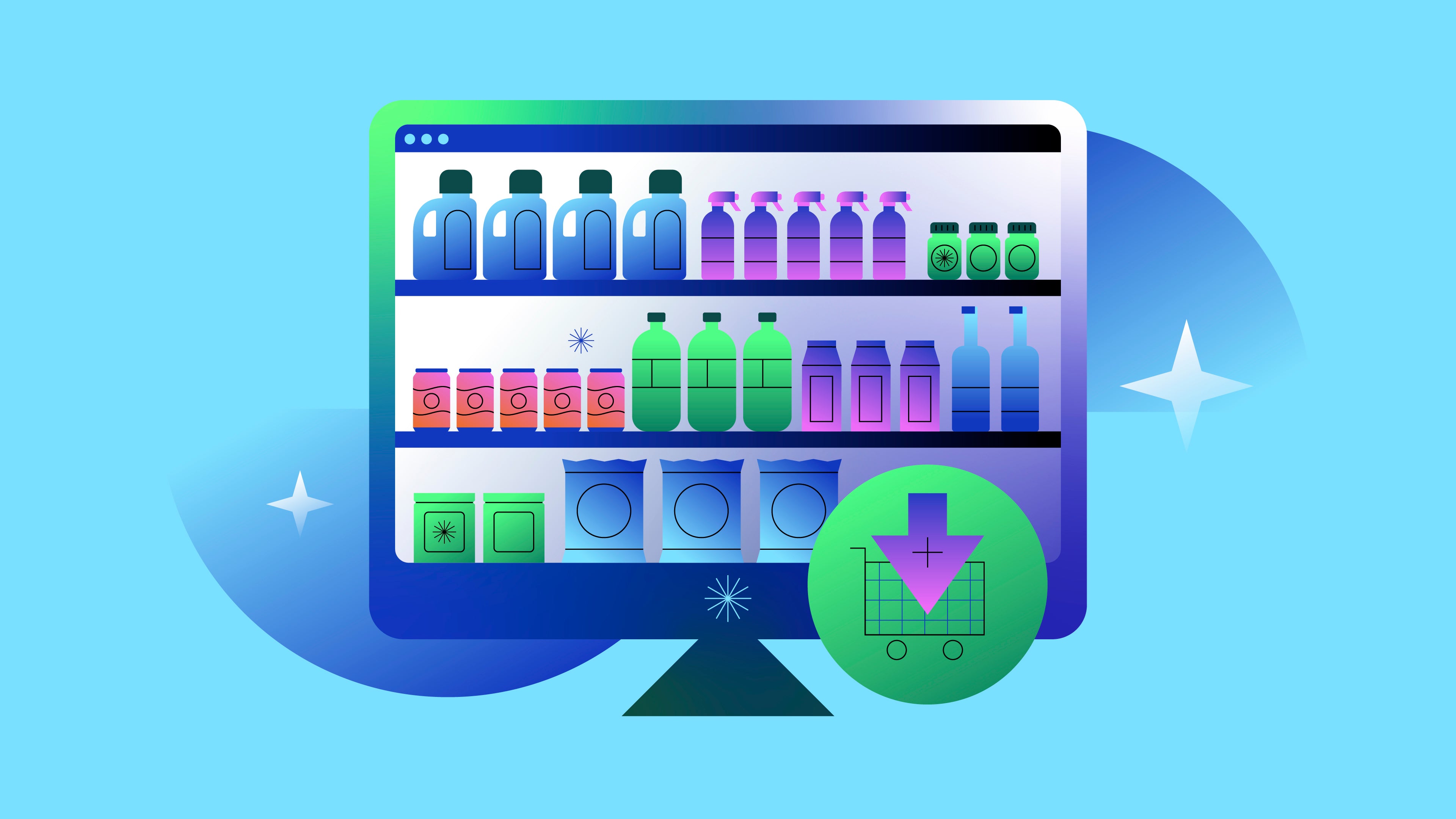 Illustration of a virtual shopping screen with various bottles and packages lined up on shelves, showing an online marketplace.