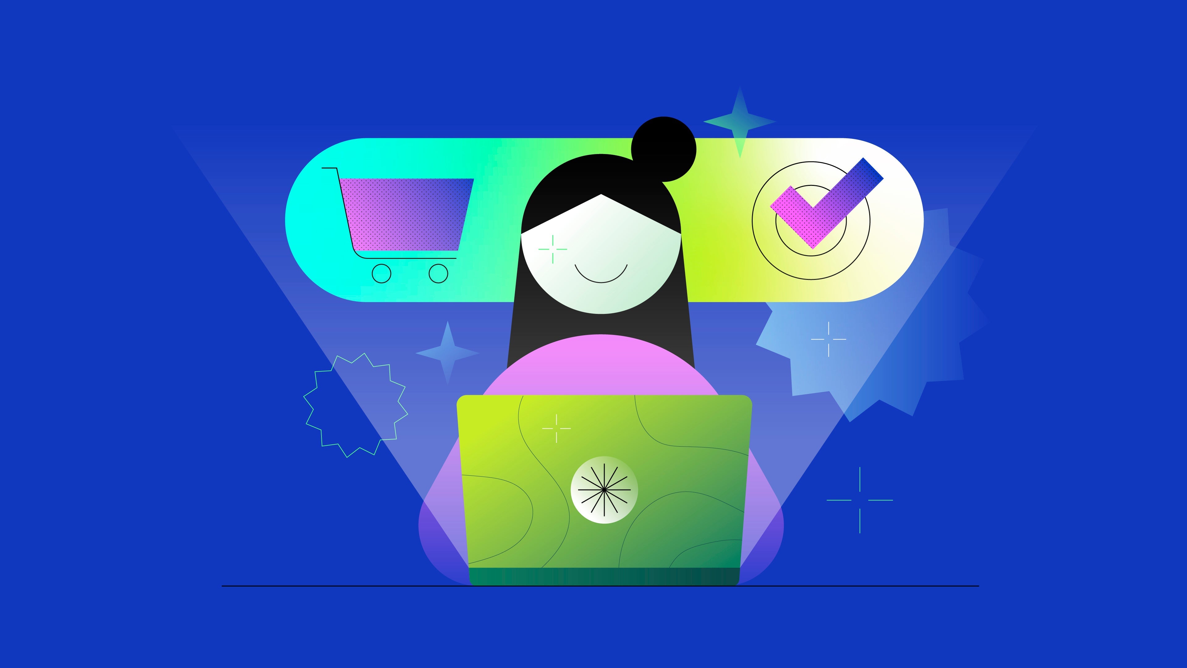 Stylized female avatar with shopping icons like a cart and check mark, set against a vibrant blue and green abstract background.