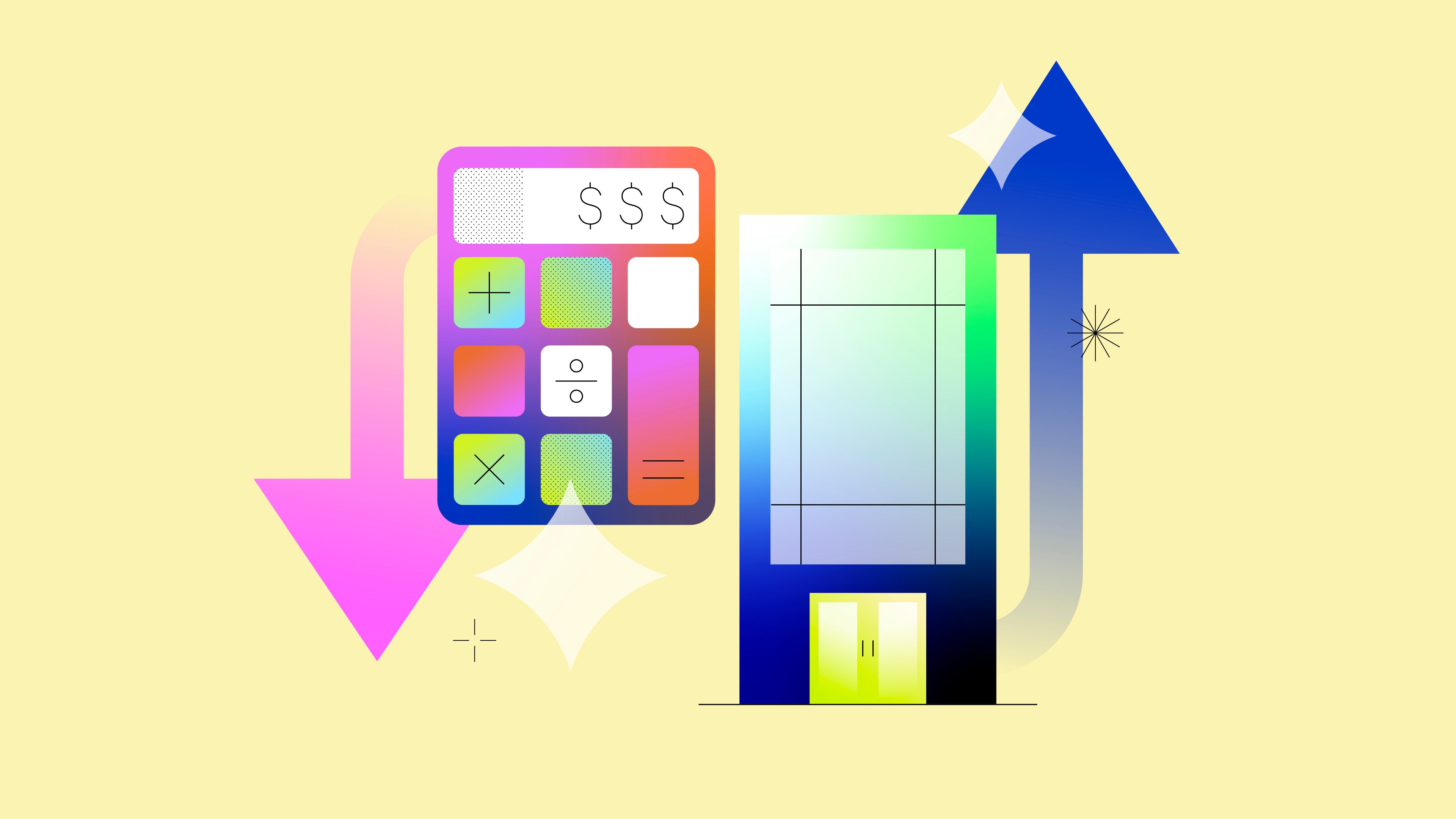 Illustration of a calculator with a downward arrow and building with an upward arrow on a yellow background.