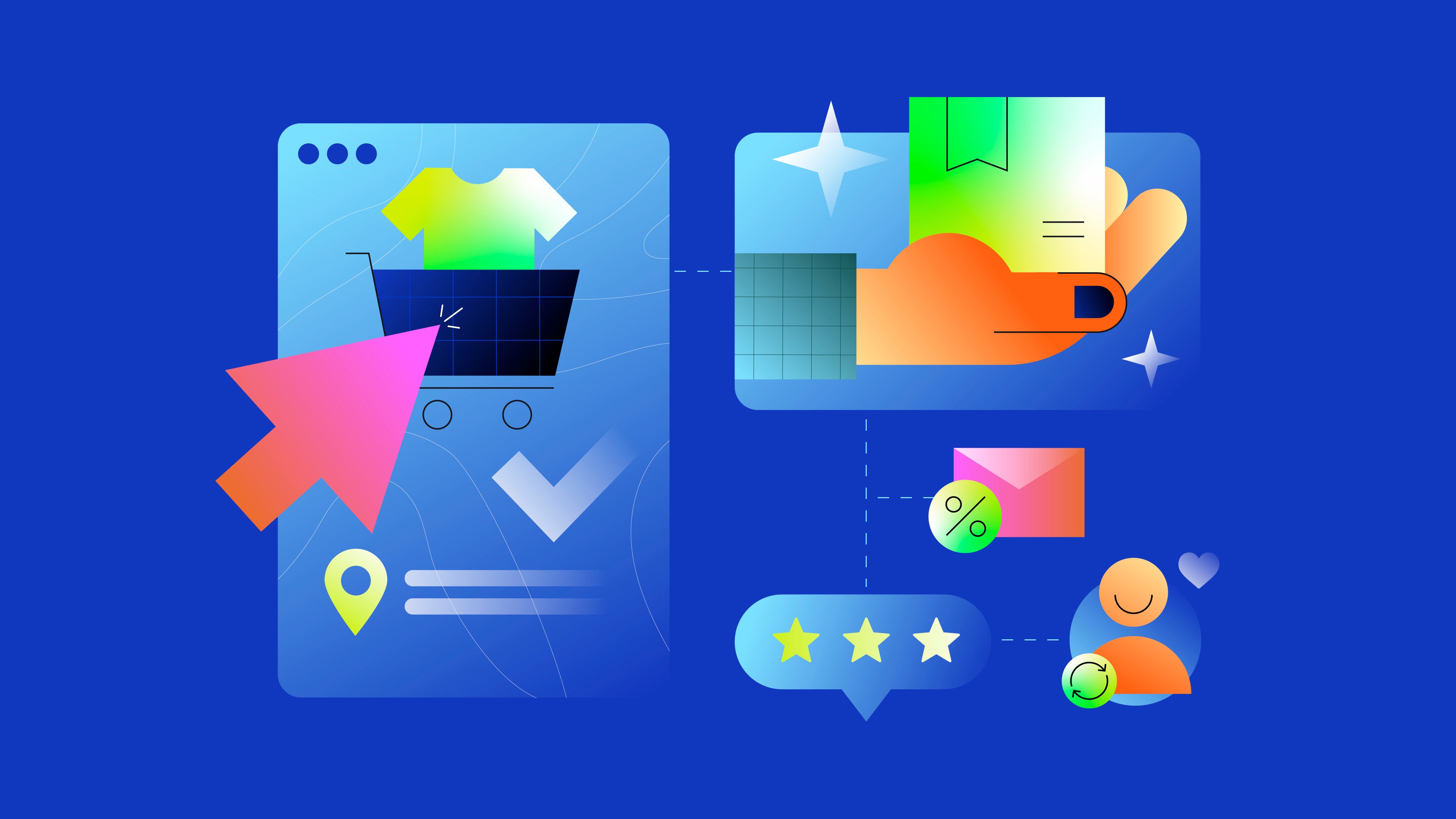 Graphic illustration showing online shopping elements like cart, cursor, and reviews on a vibrant blue background.