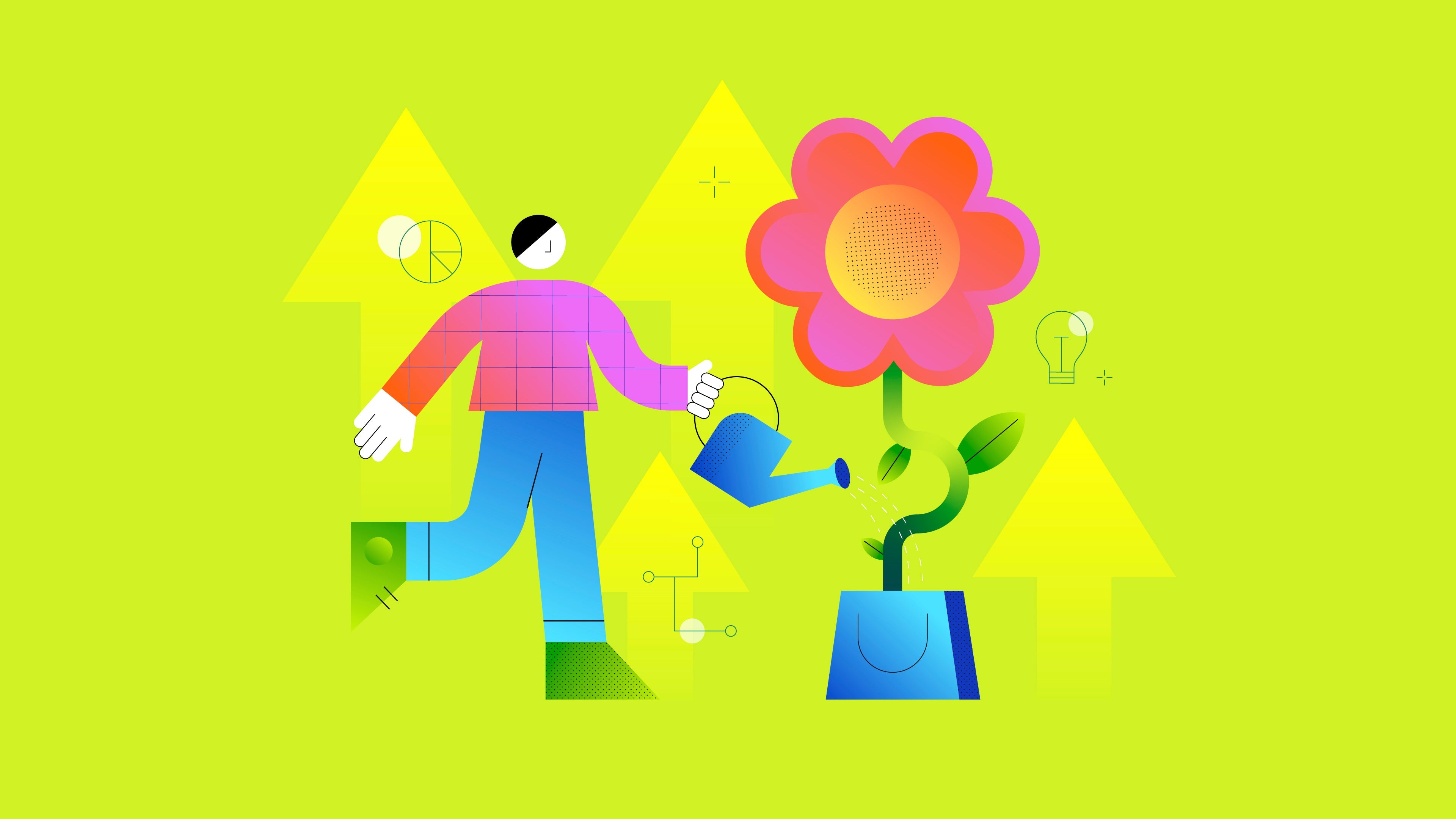 Illustration of a person watering a large pink flower, symbolizing growth, with arrows and icons on a bright green background.
