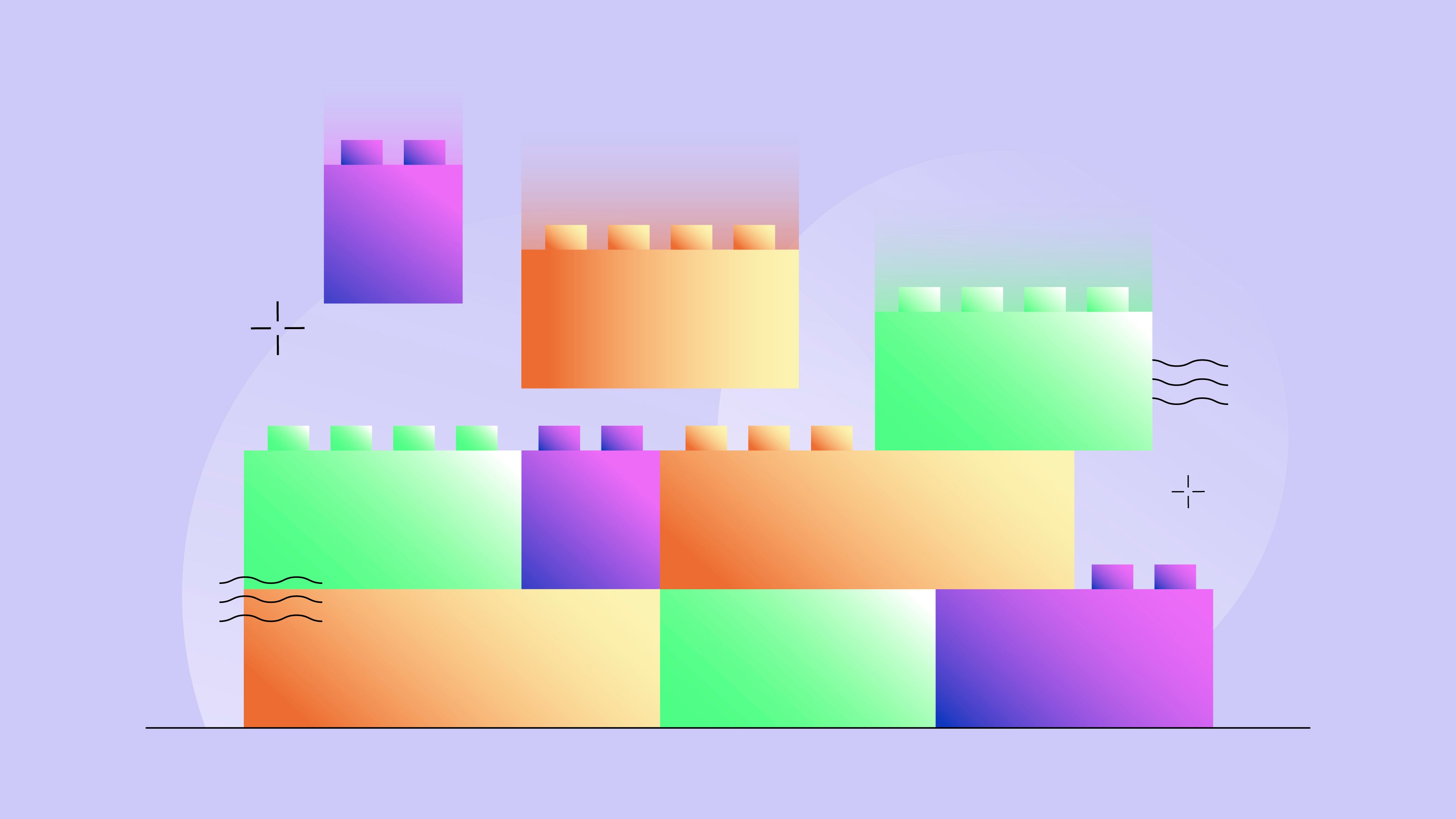 Colorful building blocks arranged in a playful, abstract design on a soft purple background, suggesting creativity or organization.