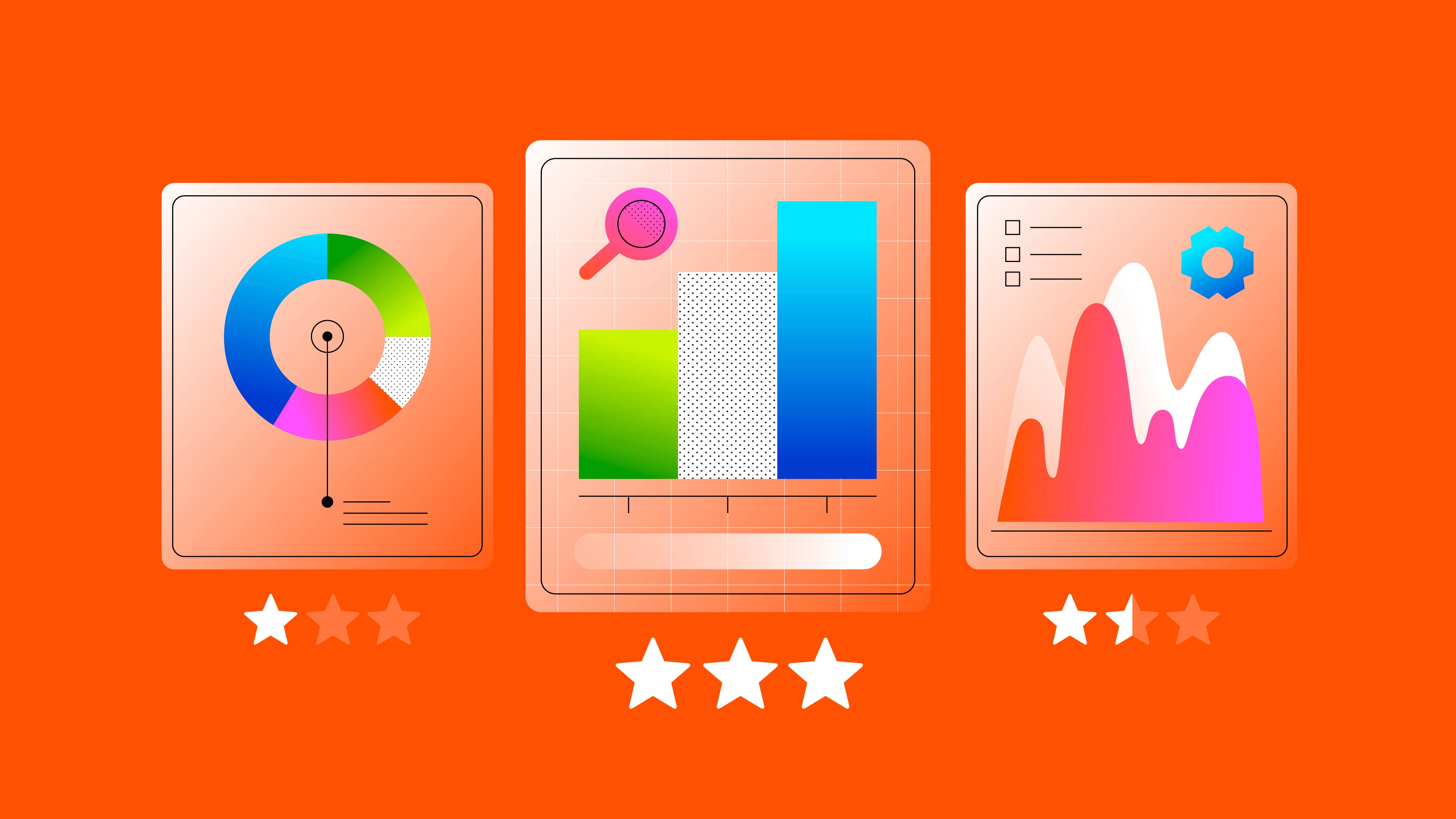 Three stylized data visualization panels on an orange background, featuring charts in modern graphic design.