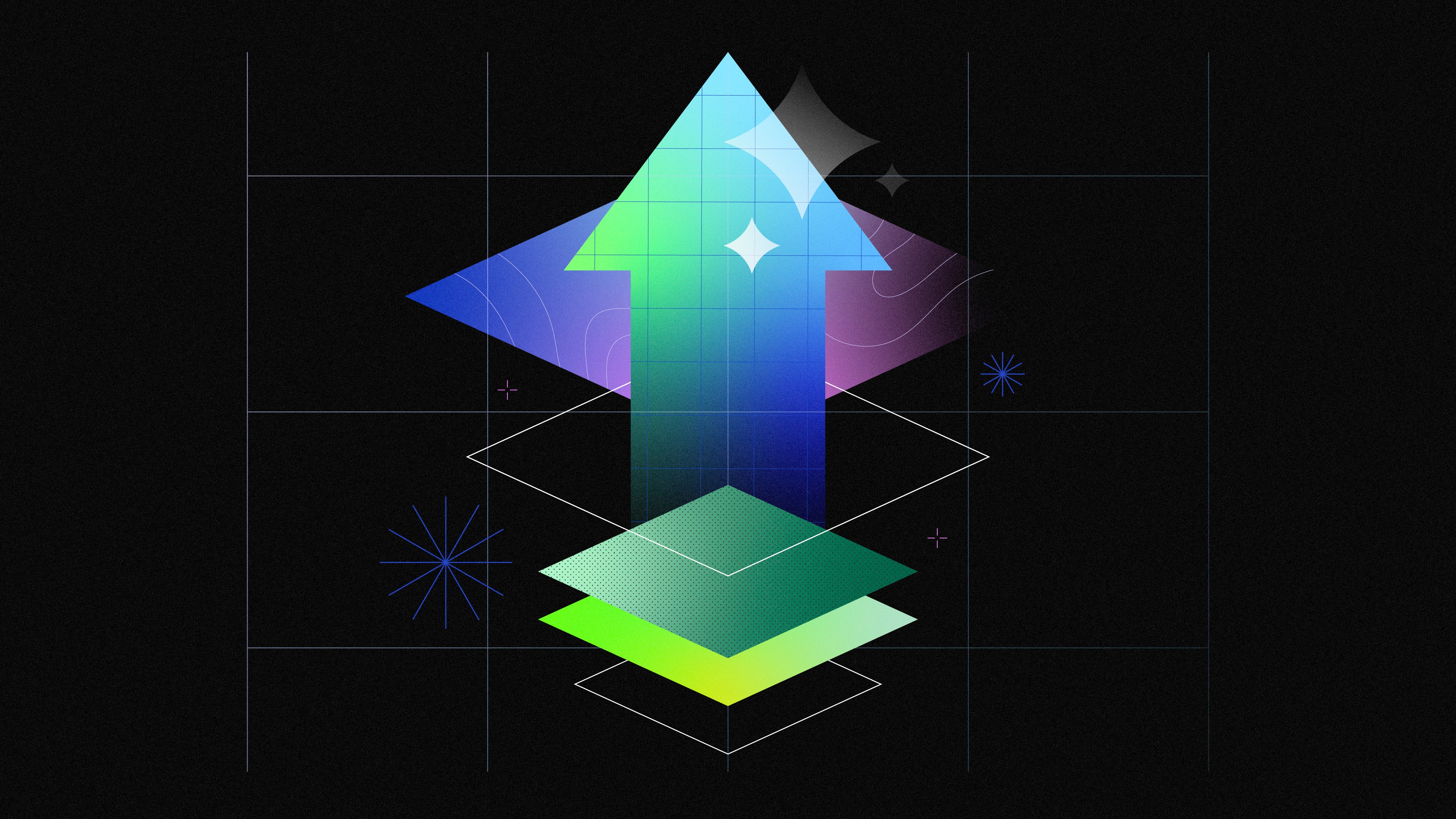 Abstract geometric artwork featuring a central upward arrow composed of gradient colors, surrounded by various shapes and stars on a dark background.