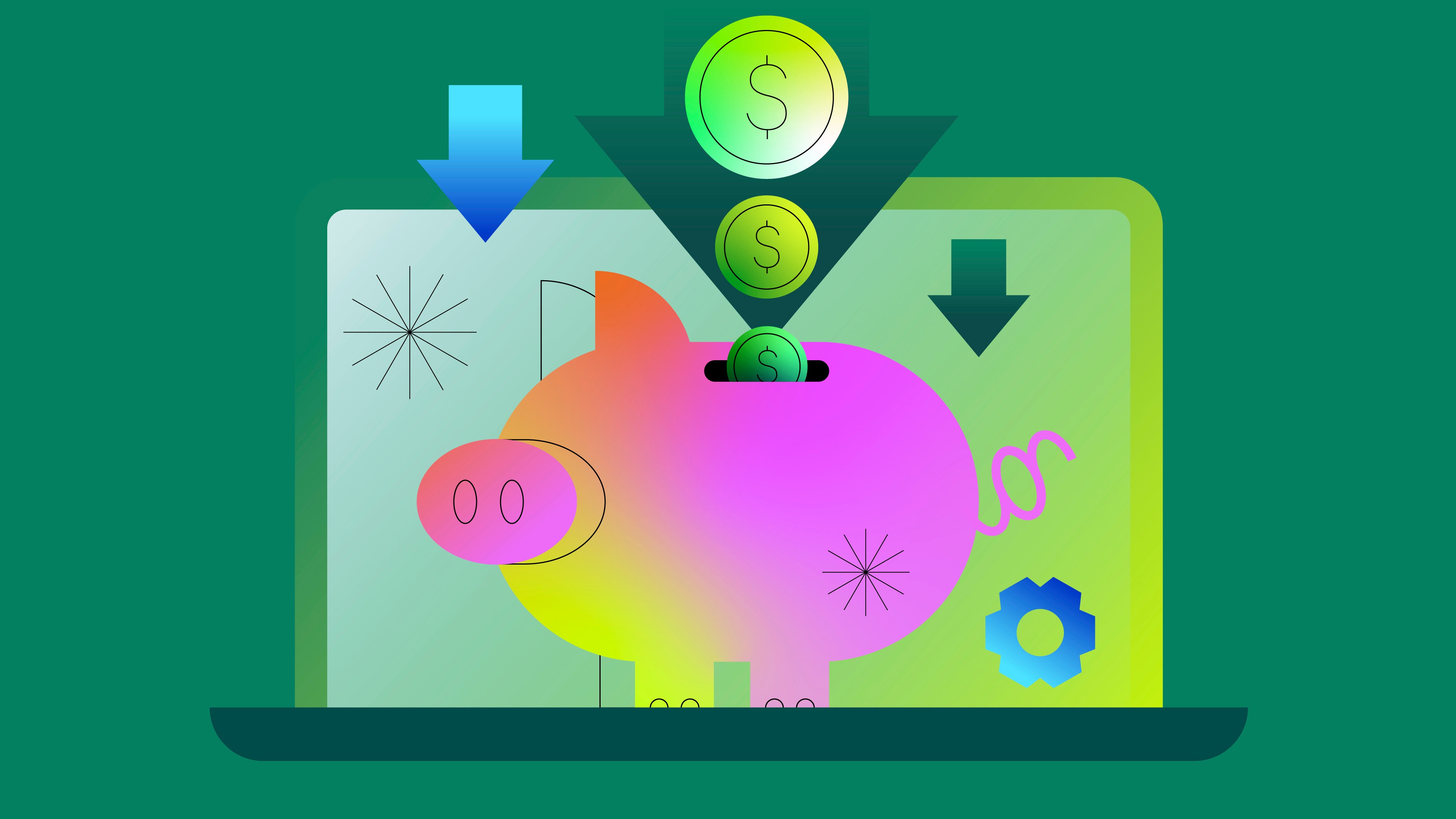 illustration of a piggy bank in front of a laptop to symbol where licensing costs of software are going