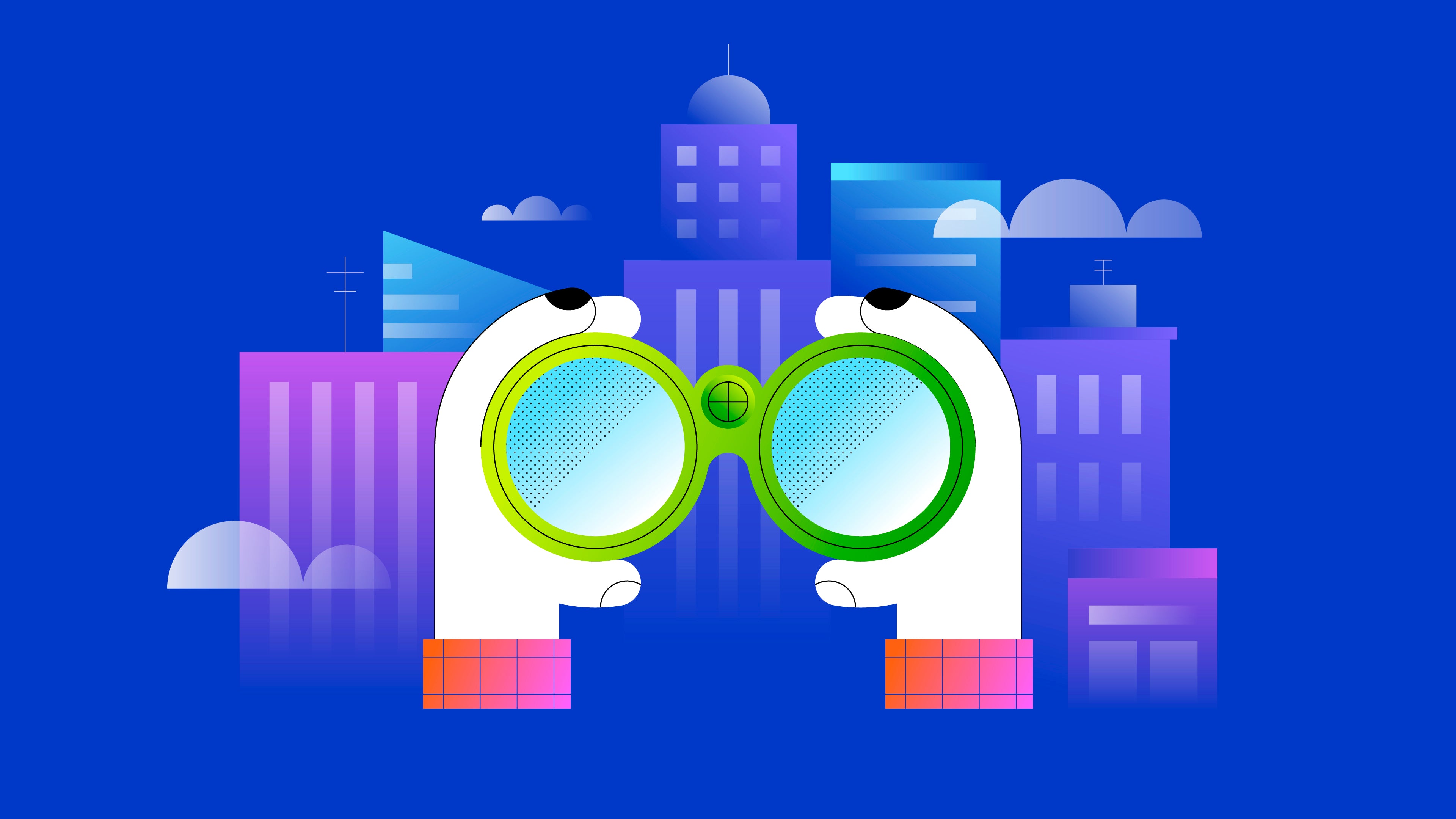 Illustration of green binoculars over a stylized cityscape on a blue background.