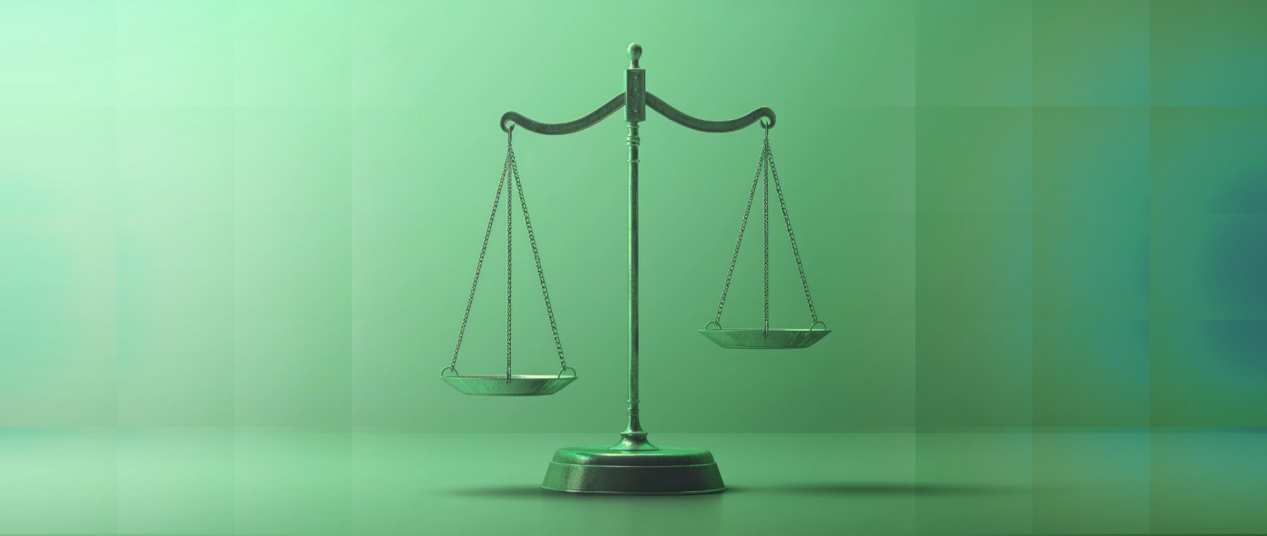 A balanced scale on a green background, symbolizing justice and equilibrium.