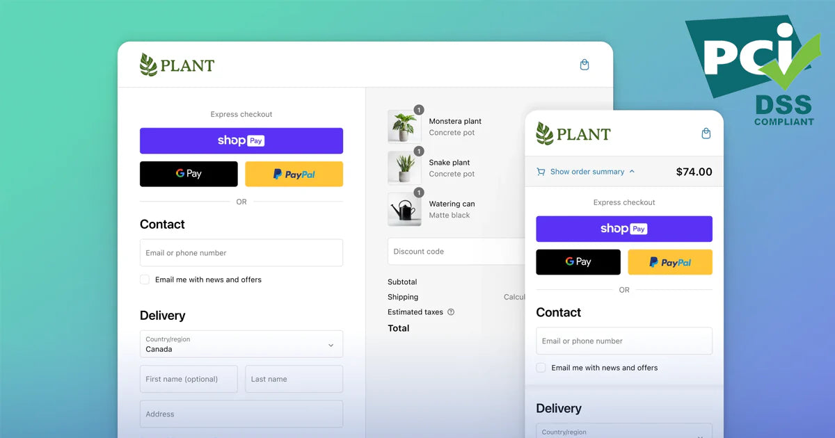Screenshot of a plant shop's online checkout interface, displaying payment options and a cart summary on a teal background.