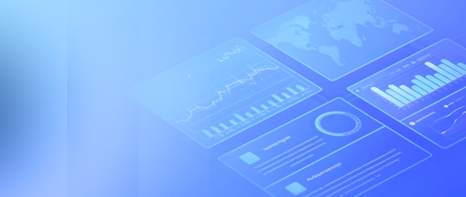 Futuristic blue interface with graphs, world map, and data analytics.