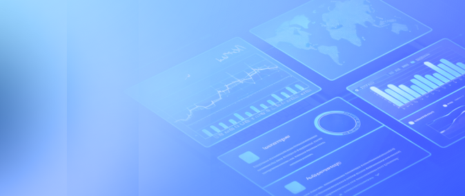 Futuristic blue interface with graphs, world map, and data analytics.