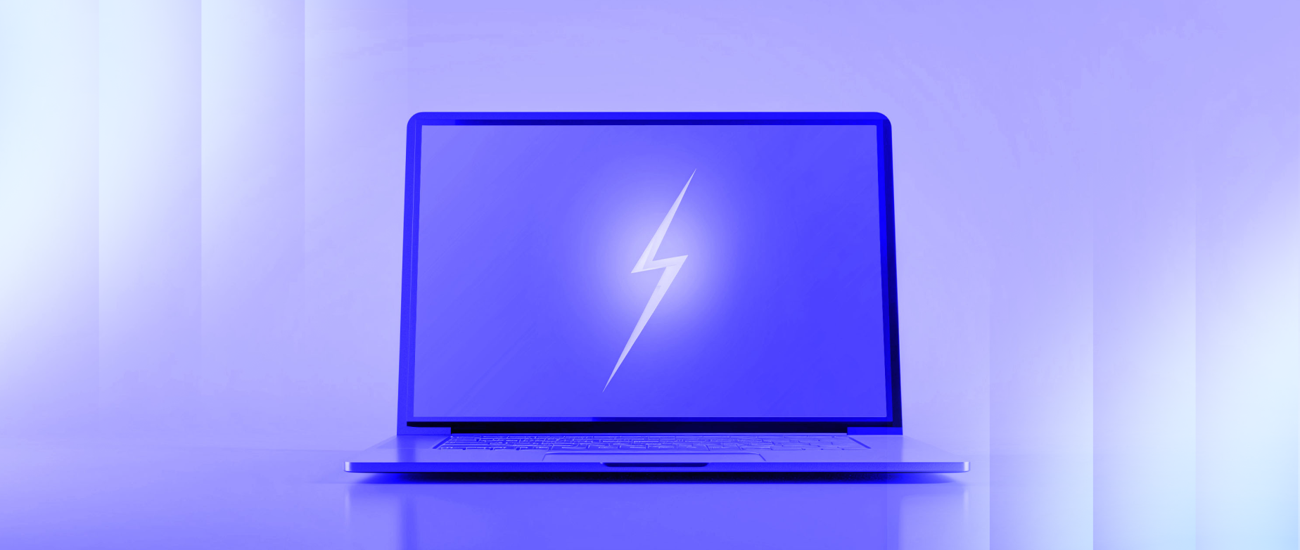 Blue laptop with a white lightning bolt on screen, against a gradient purple background.