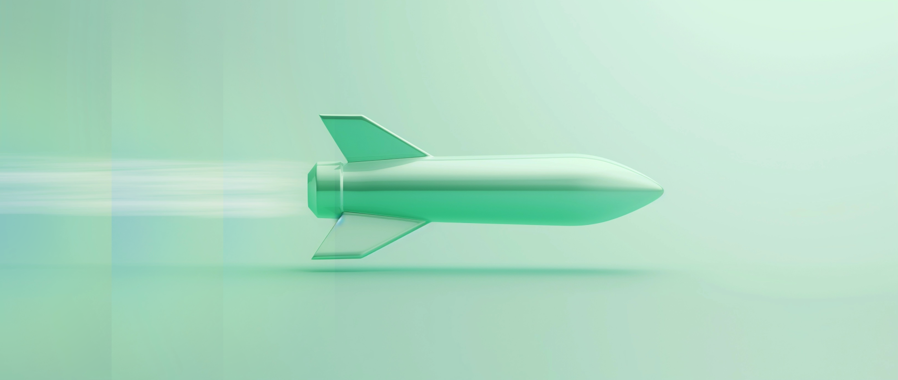 A sleek green rocket with a blurred motion effect, symbolizing high speed, set against a soft green background.