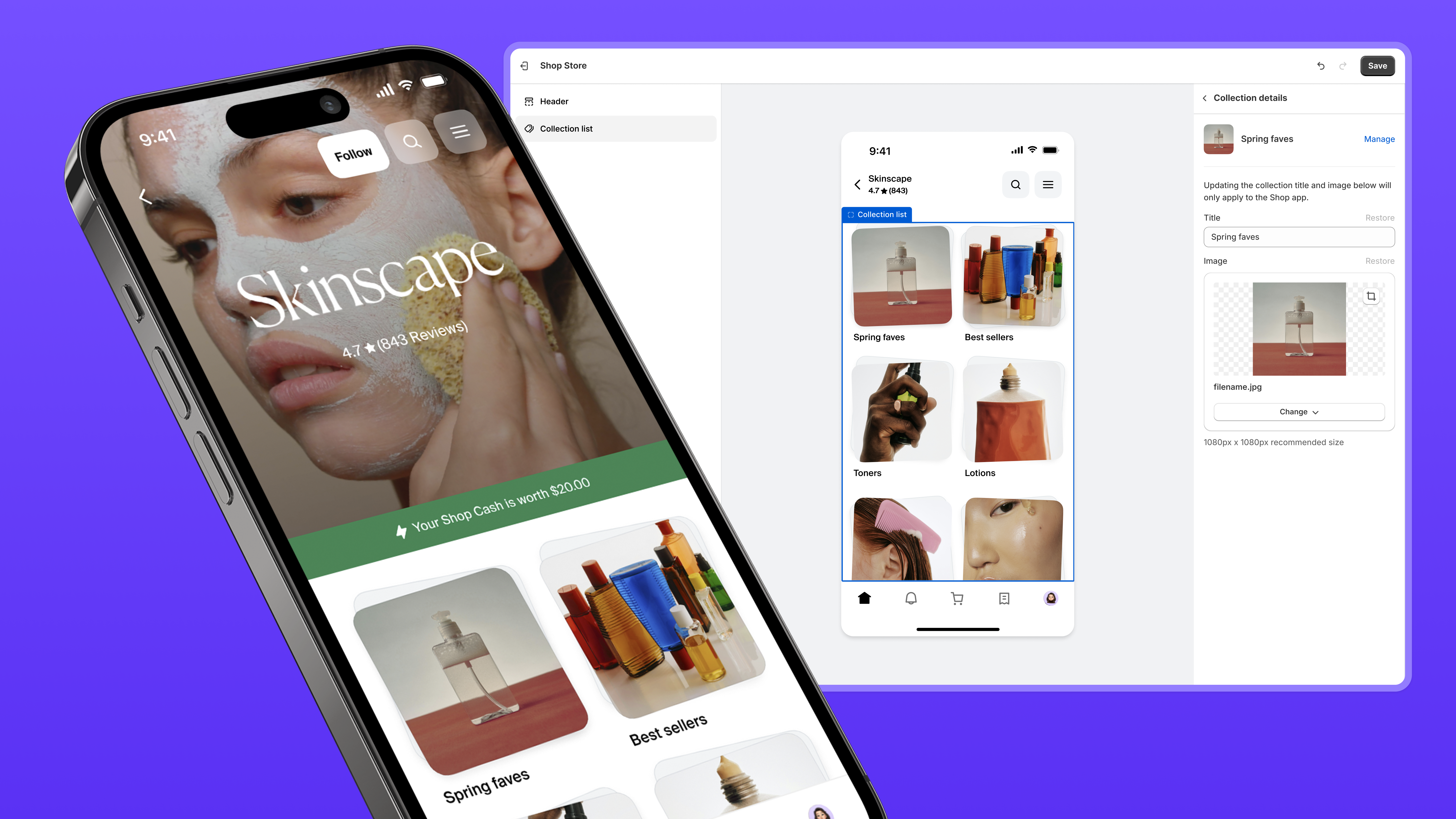 Image showing the admin and app interface for a brand's store in the Shop app