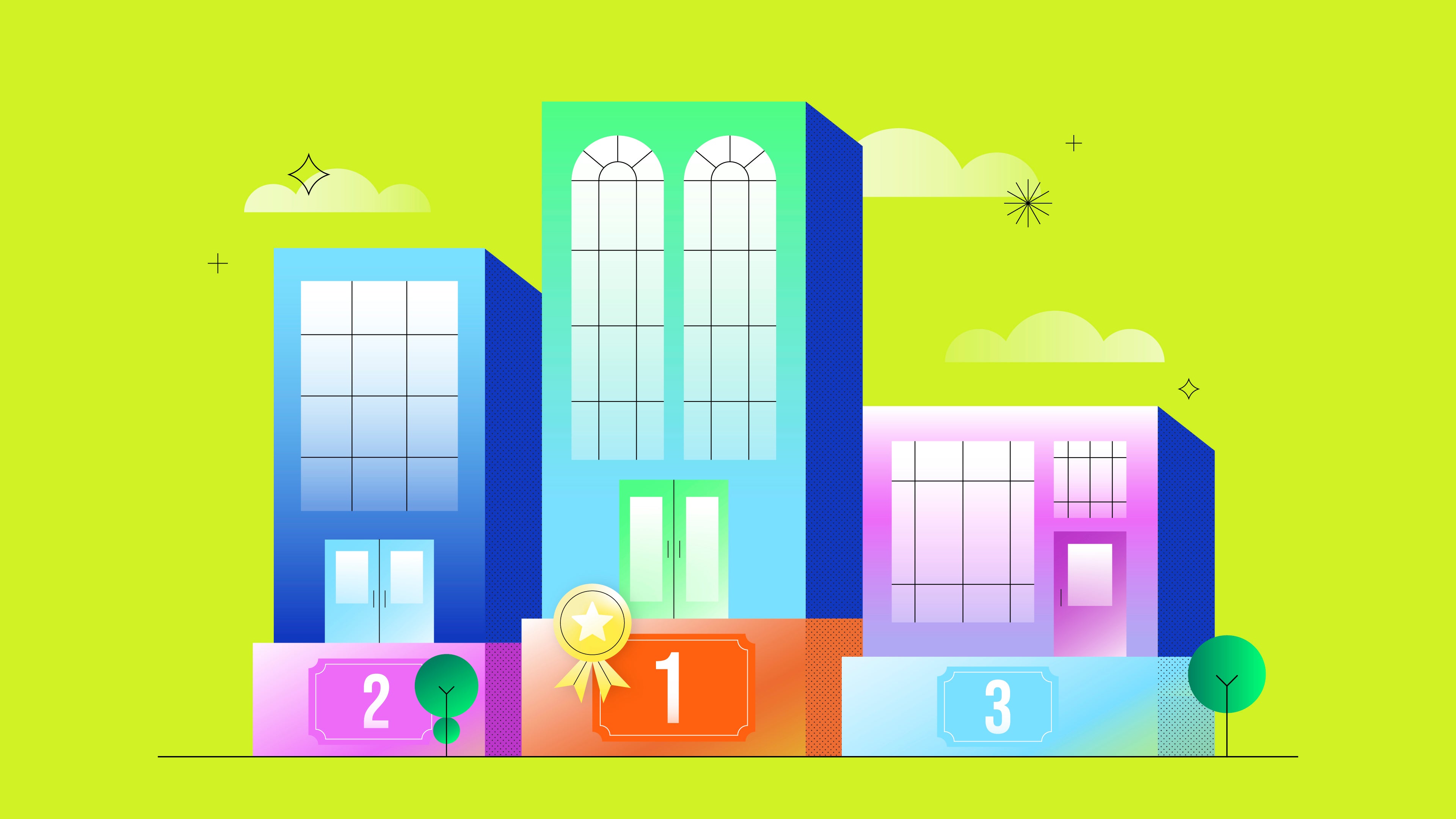 A colorful abstract image with three different buildings on a numbered podium, similar to an Olympic medal podium.