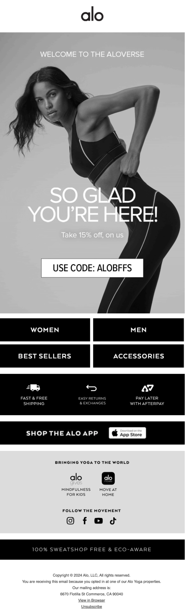 A model wearing Alo Yoga workout clothing behind a discount code inside a call-to-action button.
