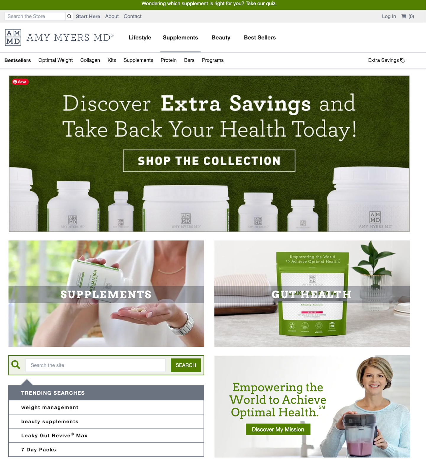 The Amy Myers MD homepage with a green color palette, divided into a grid with two columns