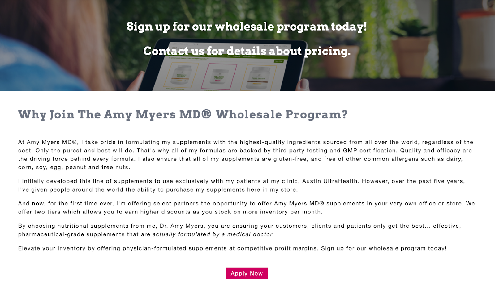 The Amy Myers MD wholesale program page, mostly text with an “Apply Now” button