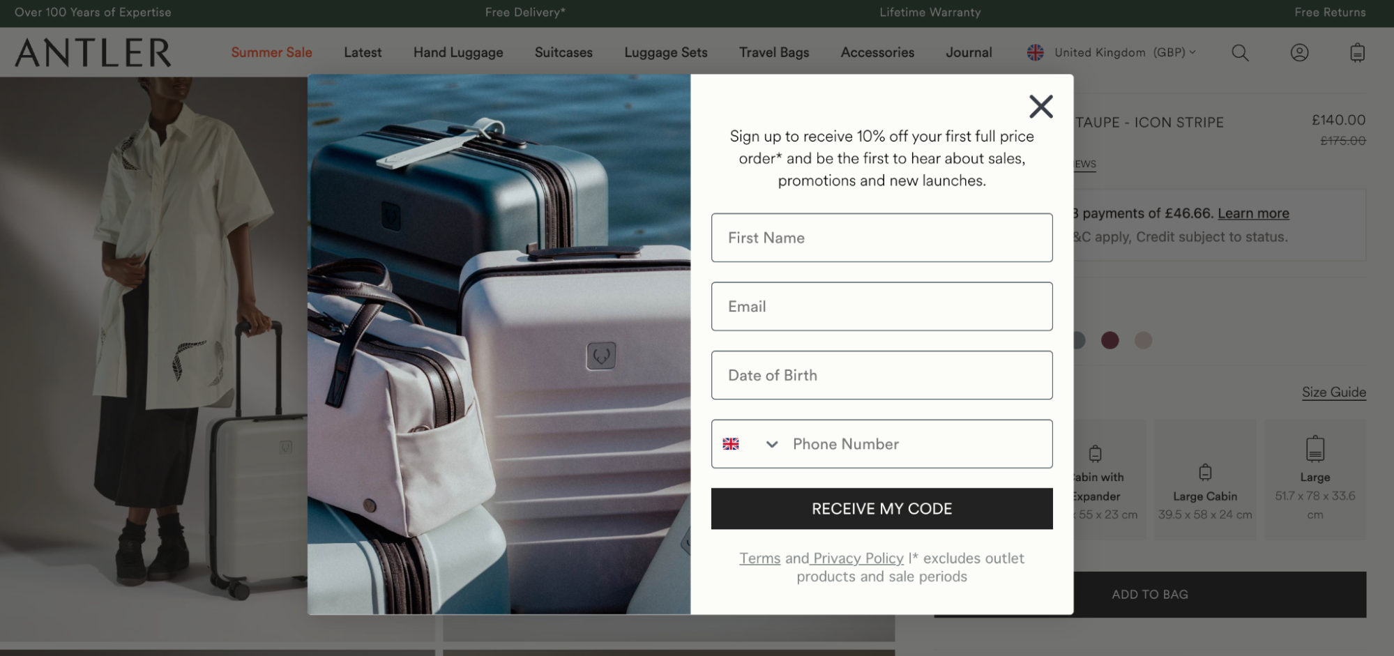 Email popup with an image of three pieces of luggage beside a form.