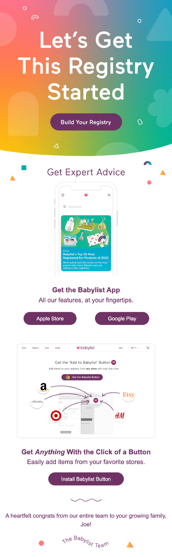 A rainbow-colored header above visual explaining how Babylist’s baby registry works.
