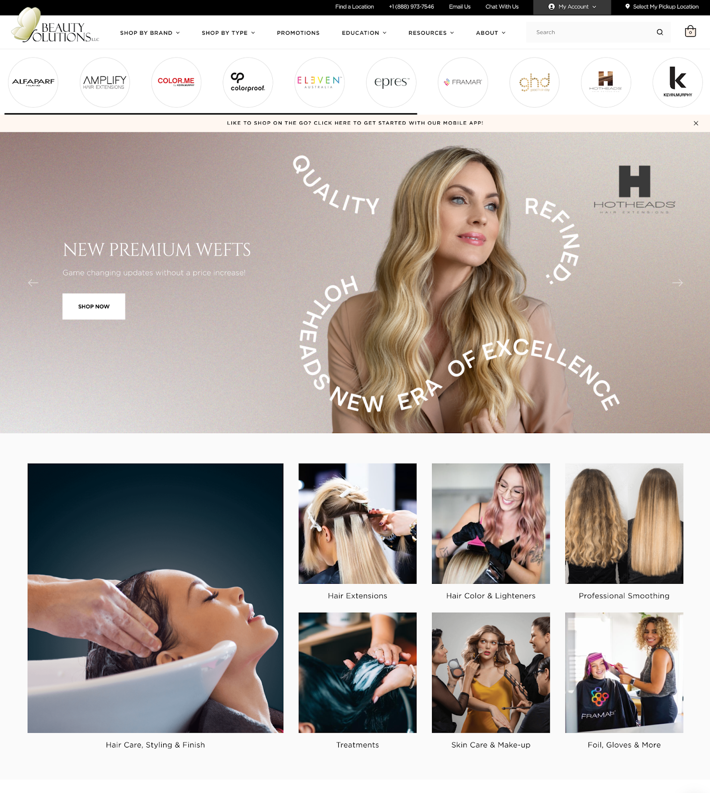 The Beauty Solutions homepage; product promotion in the hero image, product categories in the grid below