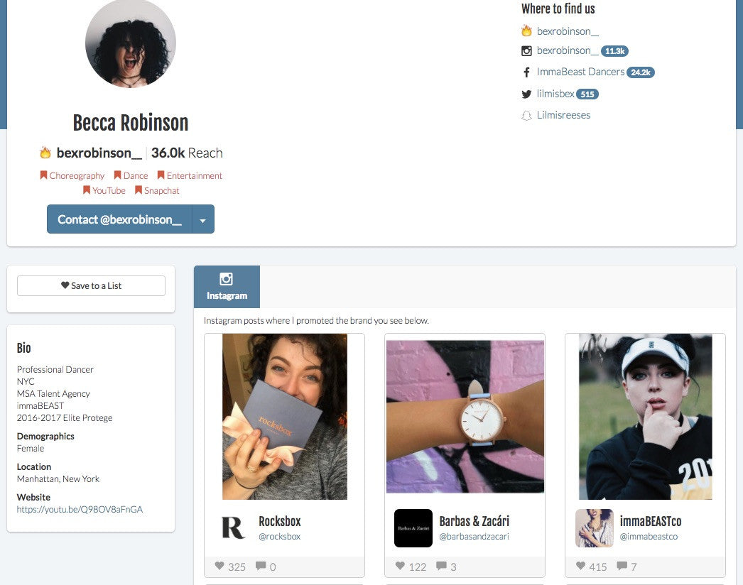 Influence.co page features Becca Robinson’s portfolio, including her reach and sample posts.