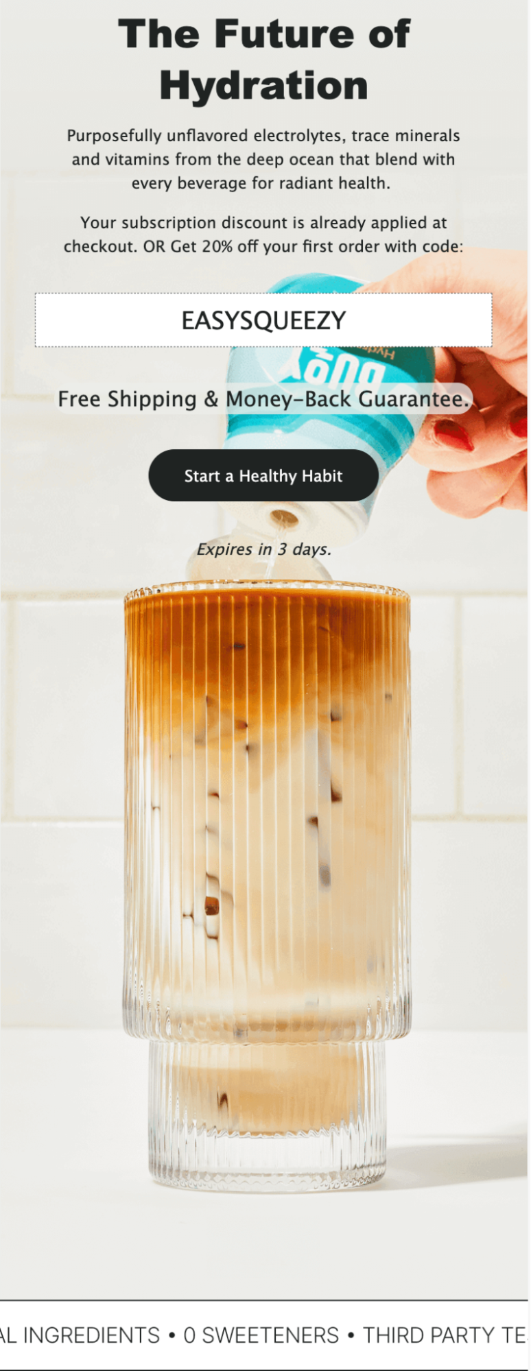 A large background image of an iced latte in a frosted glass dominates this welcome email.