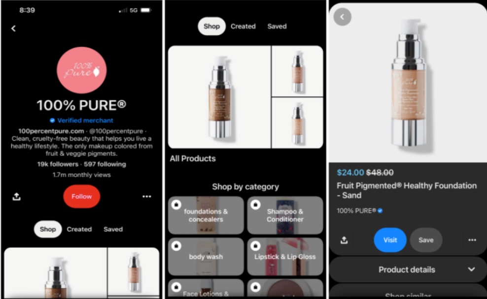 Three images showing the shopping experience on Pinterest