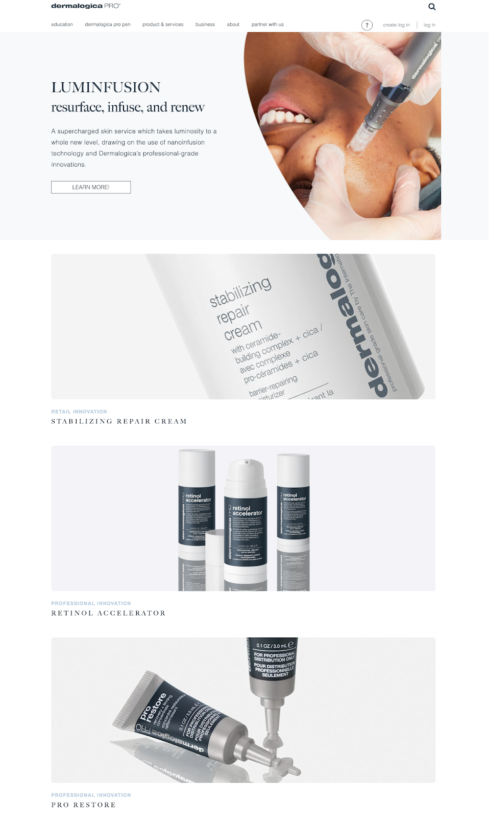 The Dermalogica Pro homepage with several full-width sections, each promoting a different product