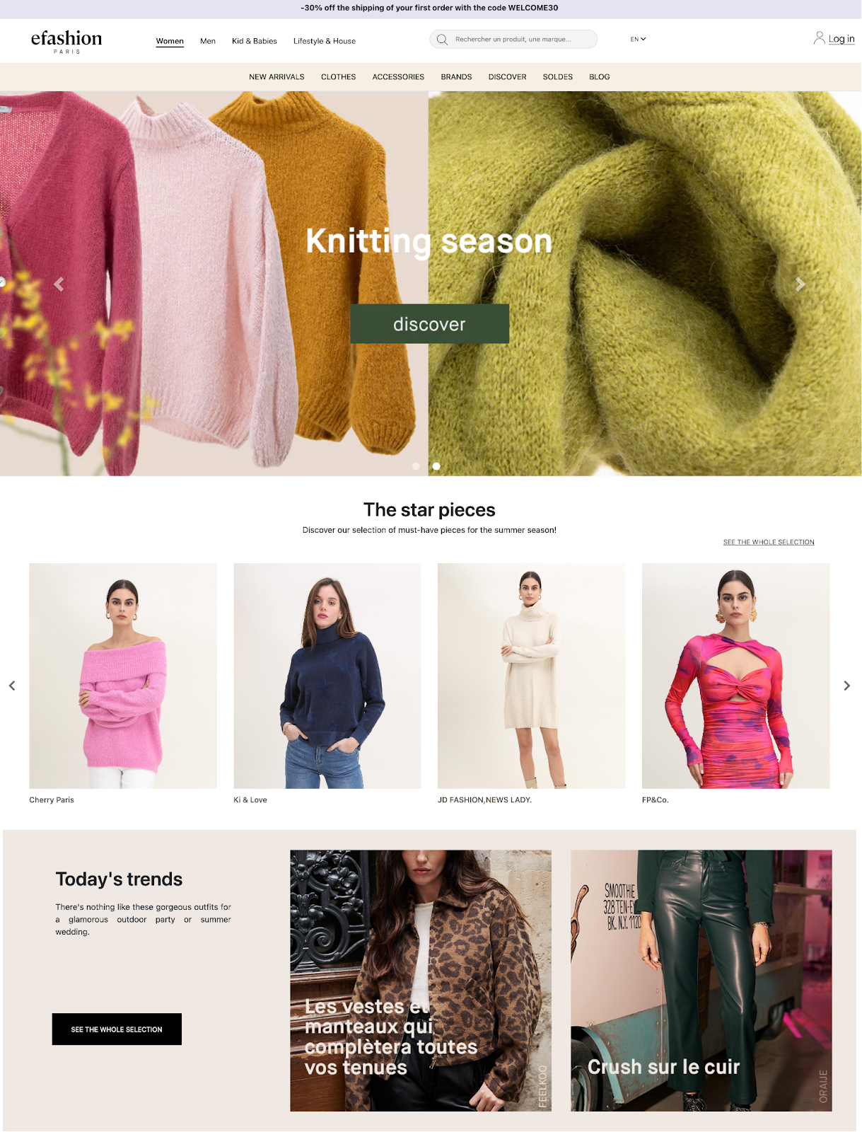 The eFashion Paris homepage with hero image of sweaters, a category of must-have products, and today’s trends