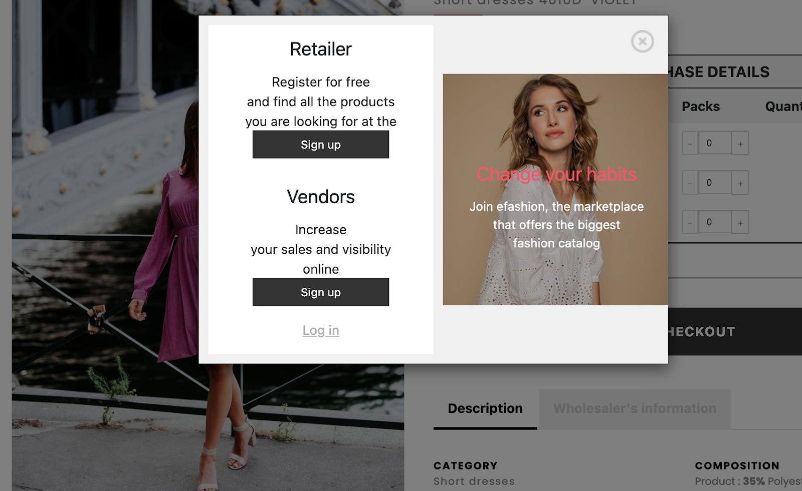 A pop-up on eFashion Paris prompting visitors to sign up or log in as a retailer or vendor