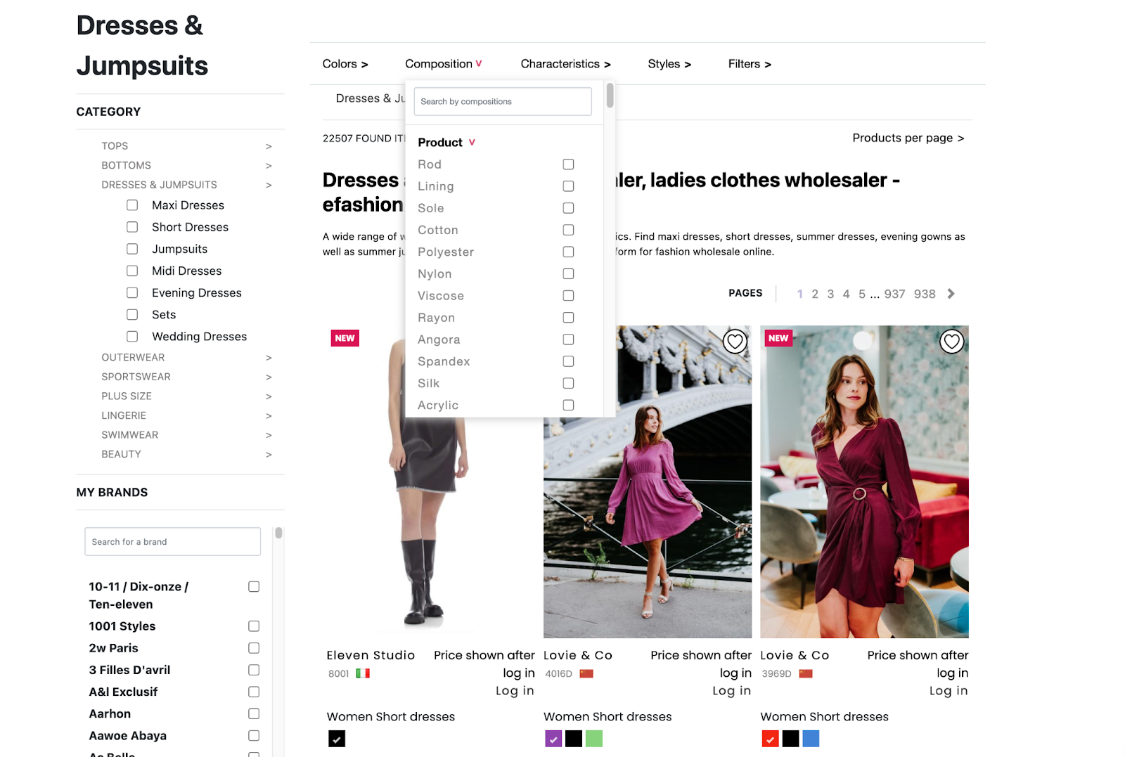 Category page on eFashion Paris showing options for filtering based on product composition
