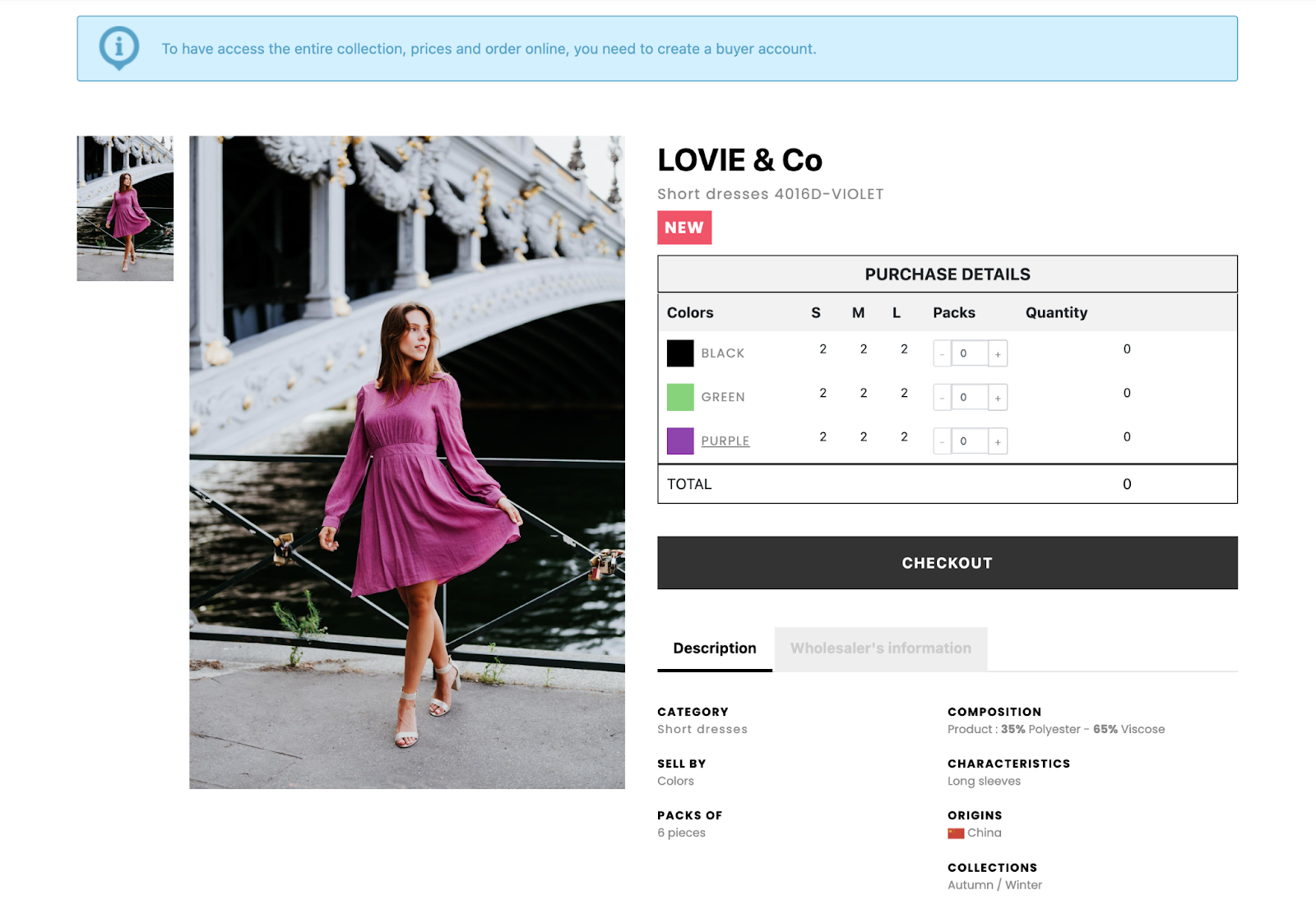 An eFashion Paris product page with an image on the left and quantity information on the right