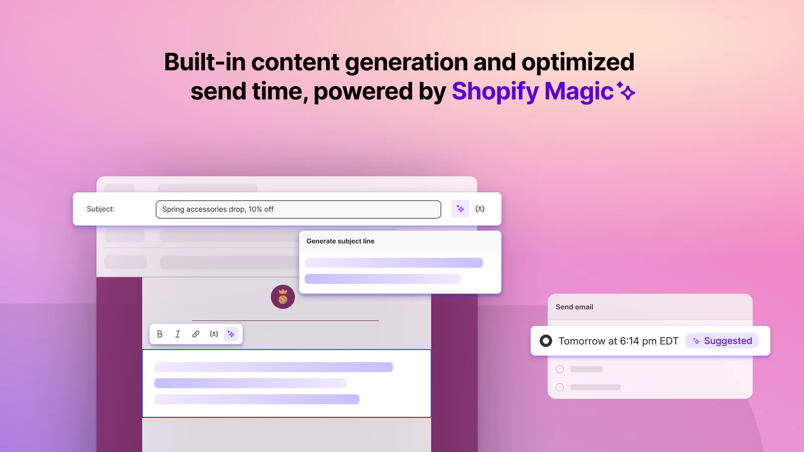 A simplified email builder highlights features including automated scheduling and subject line generation.