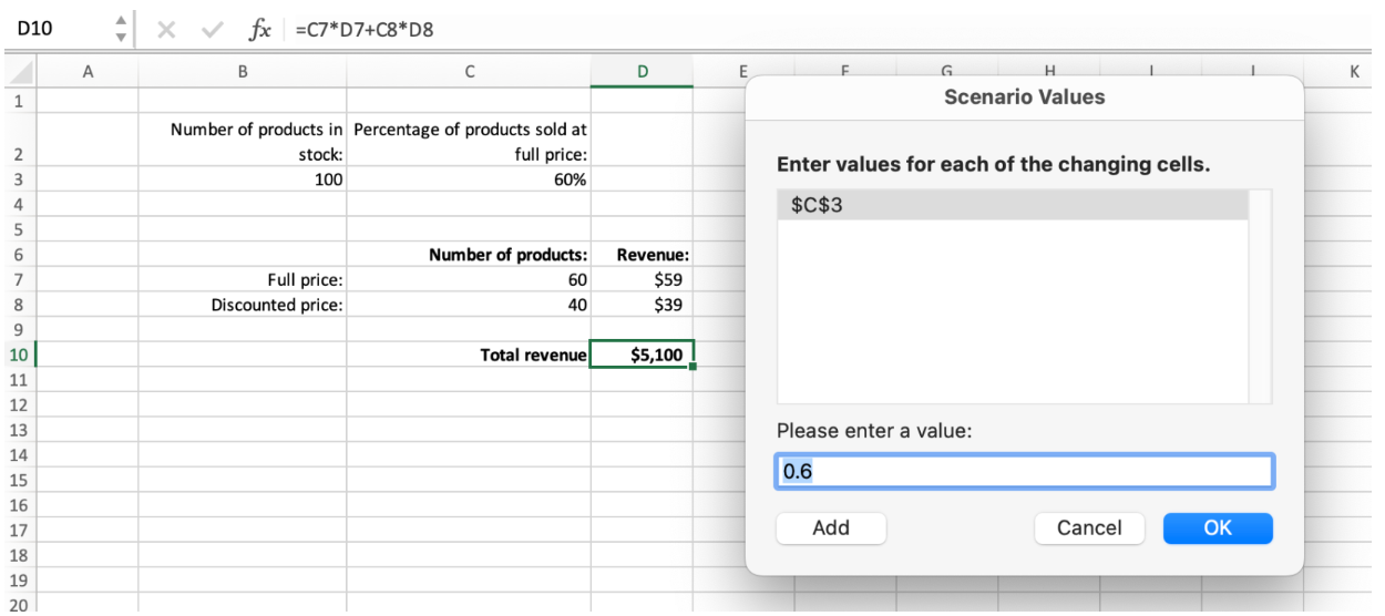 Entering a value of 0.6 into a scenario value