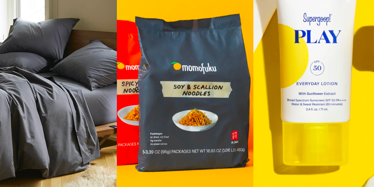 Three examples of B2B wholesale products: bedding, noodles, and sunscreen.