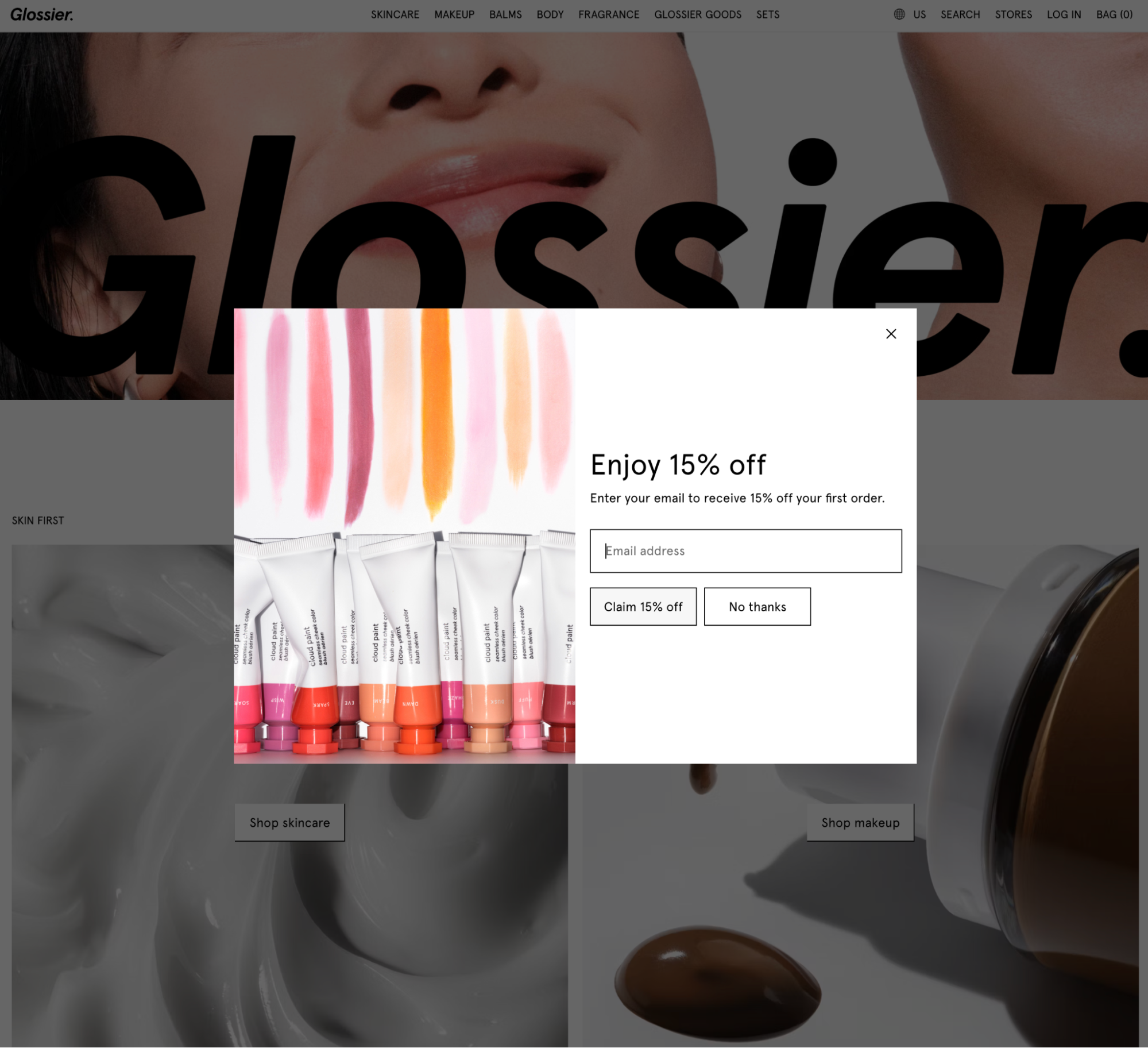 popup on Glossier website with 15% off