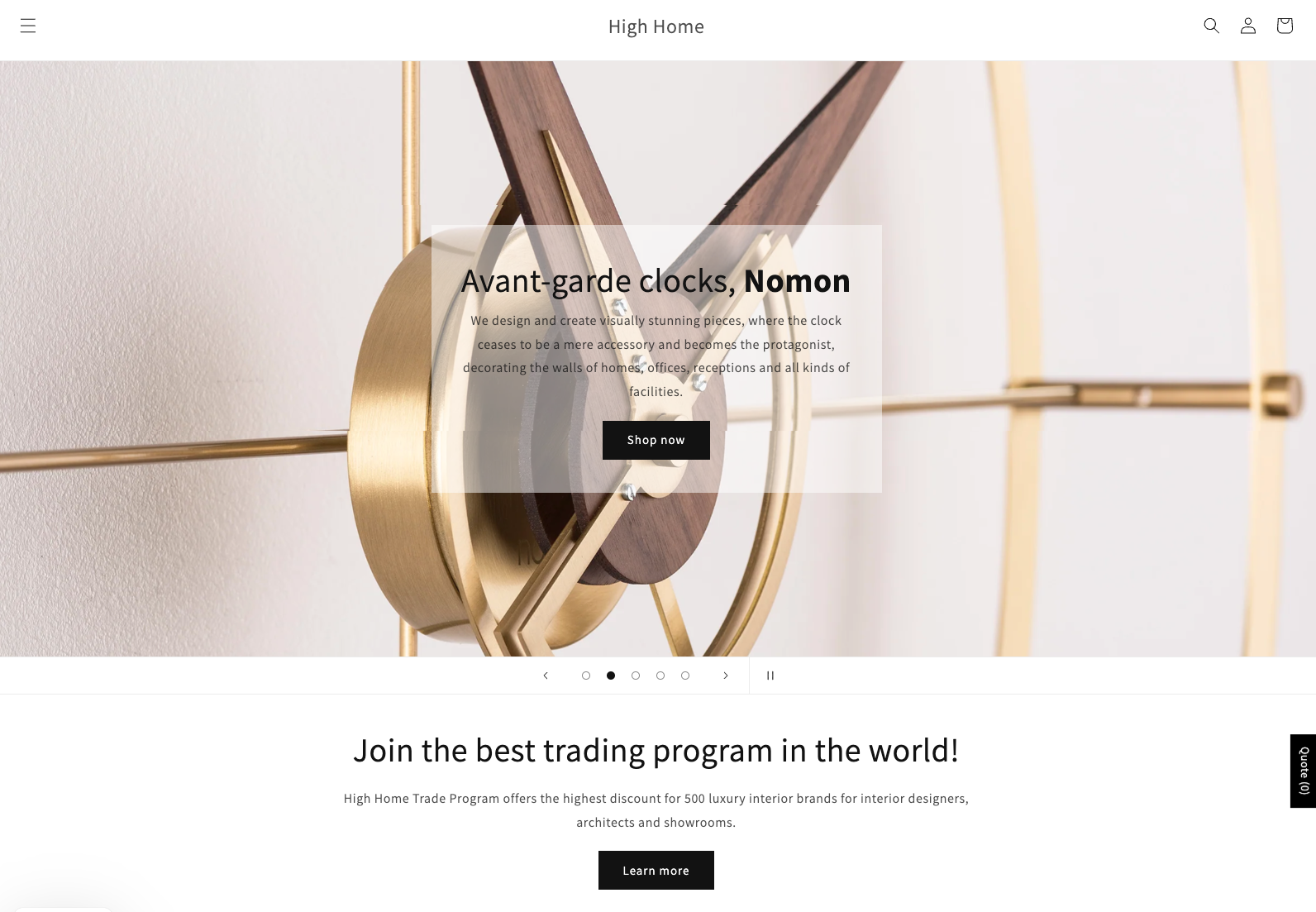 The High Home homepage with a product in the hero image and a trading program CTA below