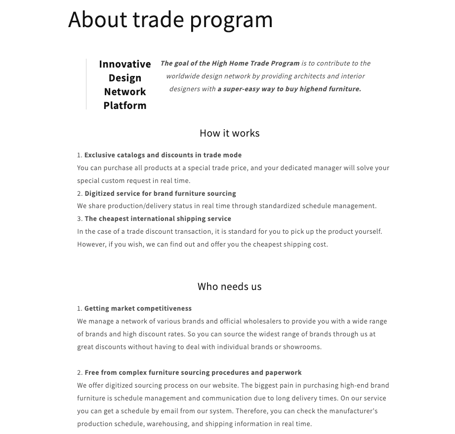The High Home trade program page, text-based and divided into process explanation and benefits