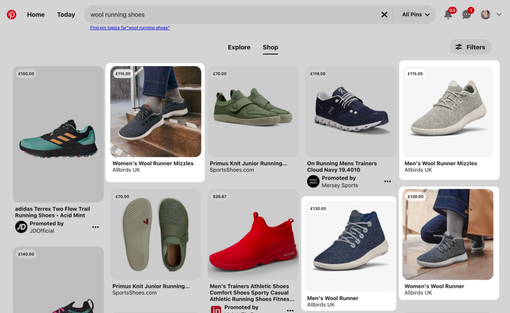 Pinterest search results for “wool running shoes” where Allbirds’ products appear four times.