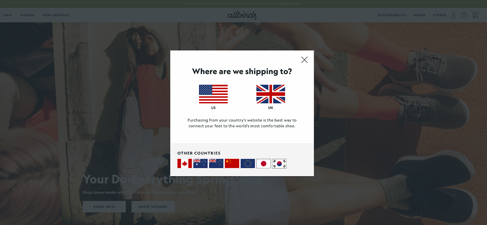 Pop-up box that asks customers whether they’re located in the US or UK.&nbsp;