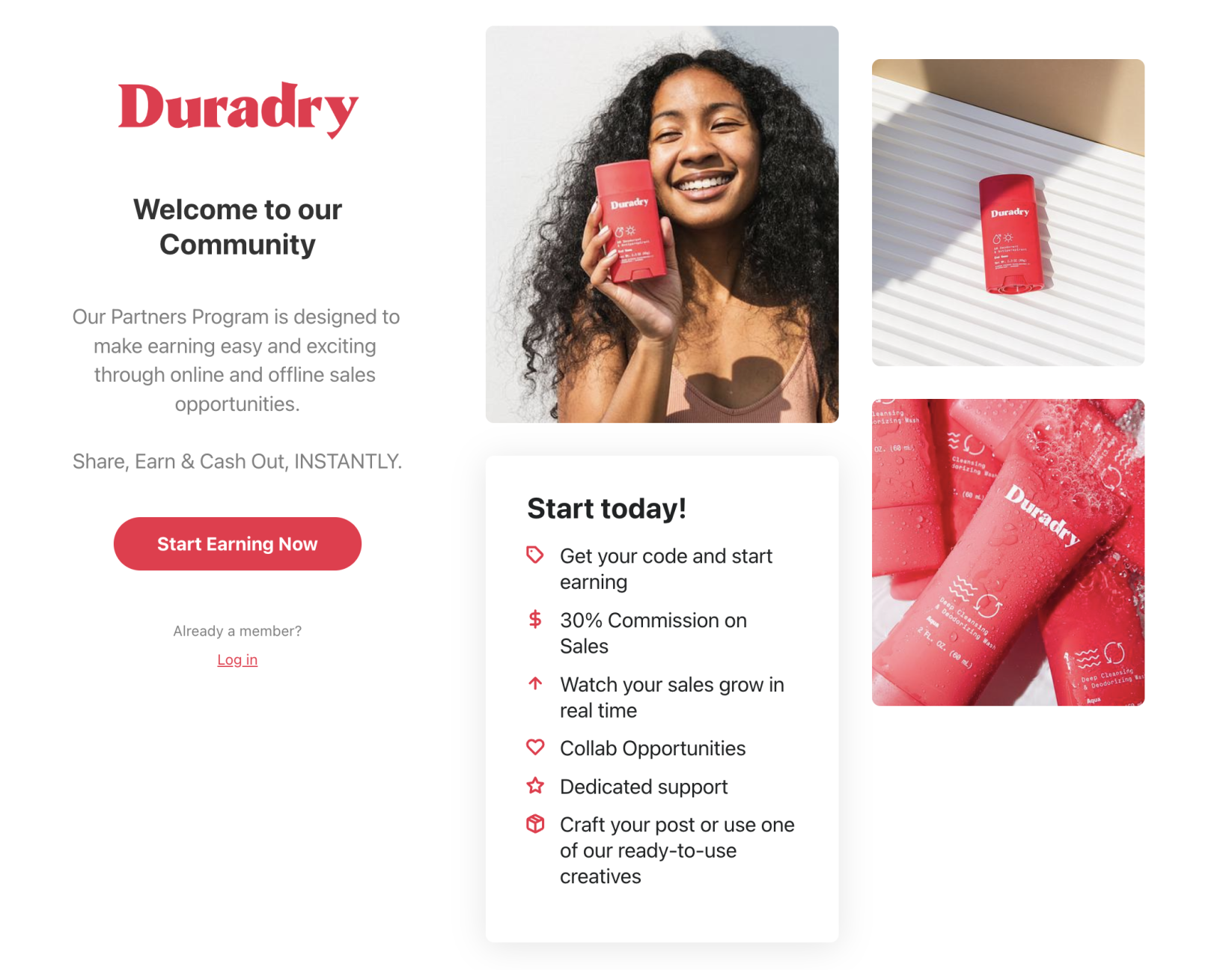 Landing page for Duradry’s Partner Program shows how creators can earn 30% commission on sales.