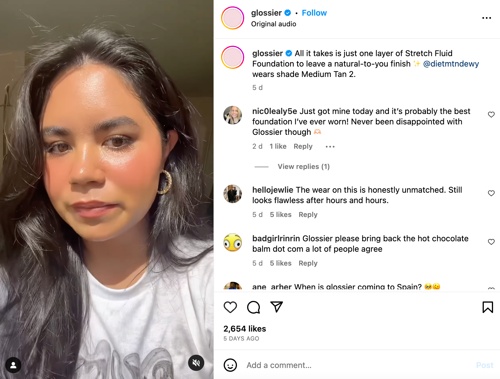Woman with dark hair applying makeup in an Instagram video.