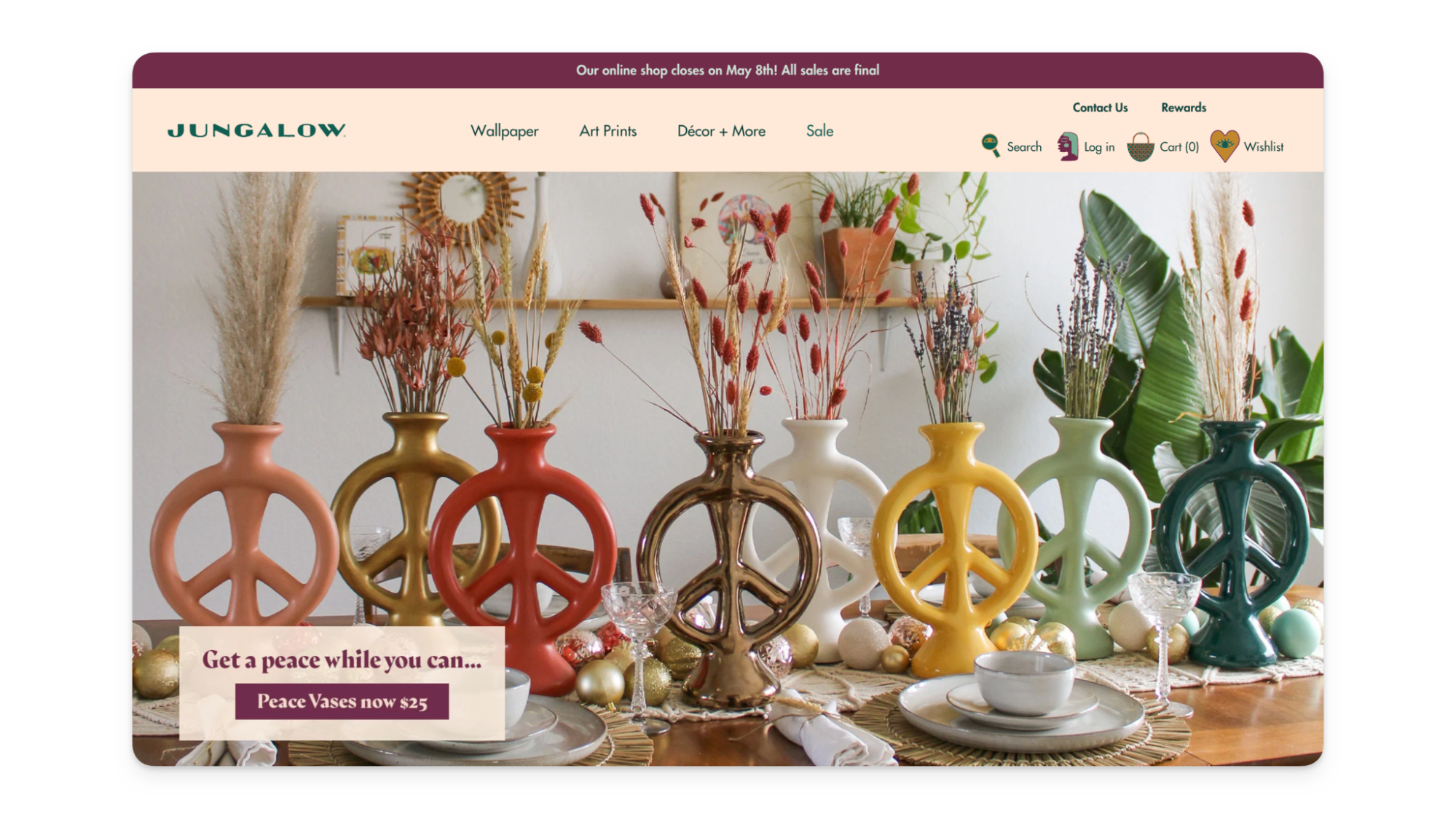 Jungalow website showcasing colorful peace vases and decorative items on a festive table.