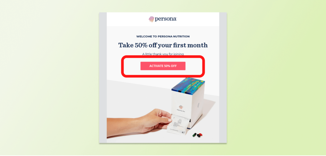 A large red button that reads “activate 50% off” dominates this welcome email.